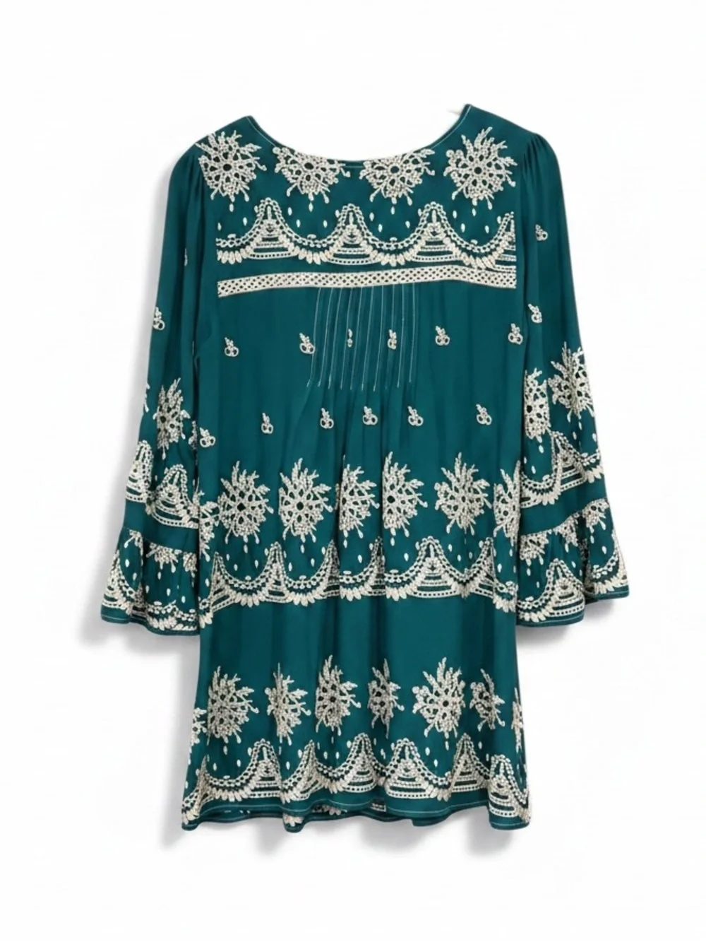 Ivy Jane Boho Embroidered Eyelet Detail 3/4 Sleeve Dress Emerald Green Size XS - Picture 2 of 8